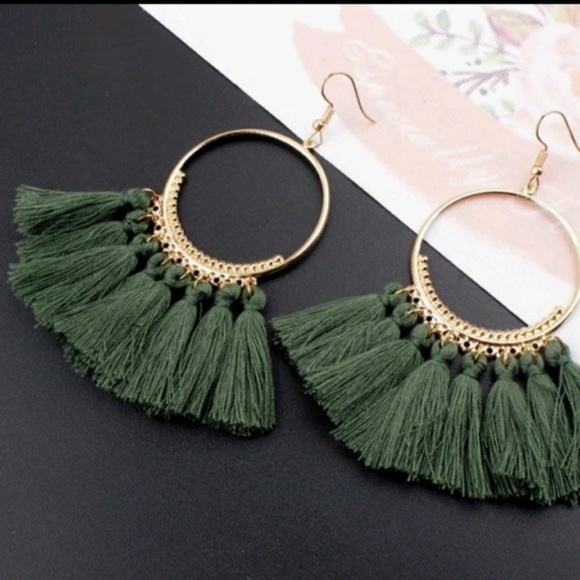 !!5 for $25 Gold Hoop Green Tassel Fringe Earrings - Picture 2 of 3